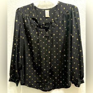 NEW~Women’s Black Lightweight Long Sleeve Blouse with Gold Pattern Tie Closure